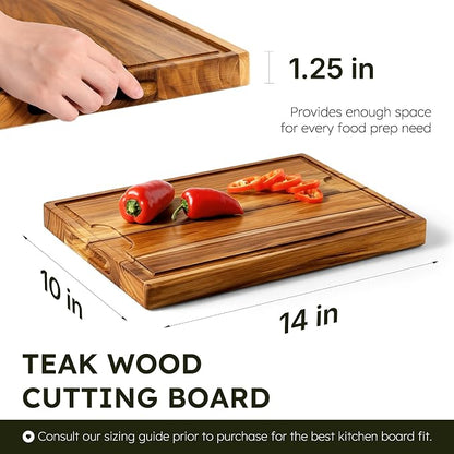 14 x 10 in Teak Cutting Board, Butcher Block with Juice Groove | 1.25” Thick Cutting Board for Meat and Brisket, End Grain Cutting Board for BBQ, Wooden Cutting Board for Carving