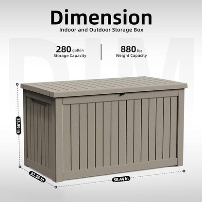280 Gallon Outdoor Storage Box Waterproof, Resin Lockable Deck Box with Lid, Large Capacity Weatherproof Container for Patio Furniture Pool Accessories, Cushions(Grey, 280 Gallon)