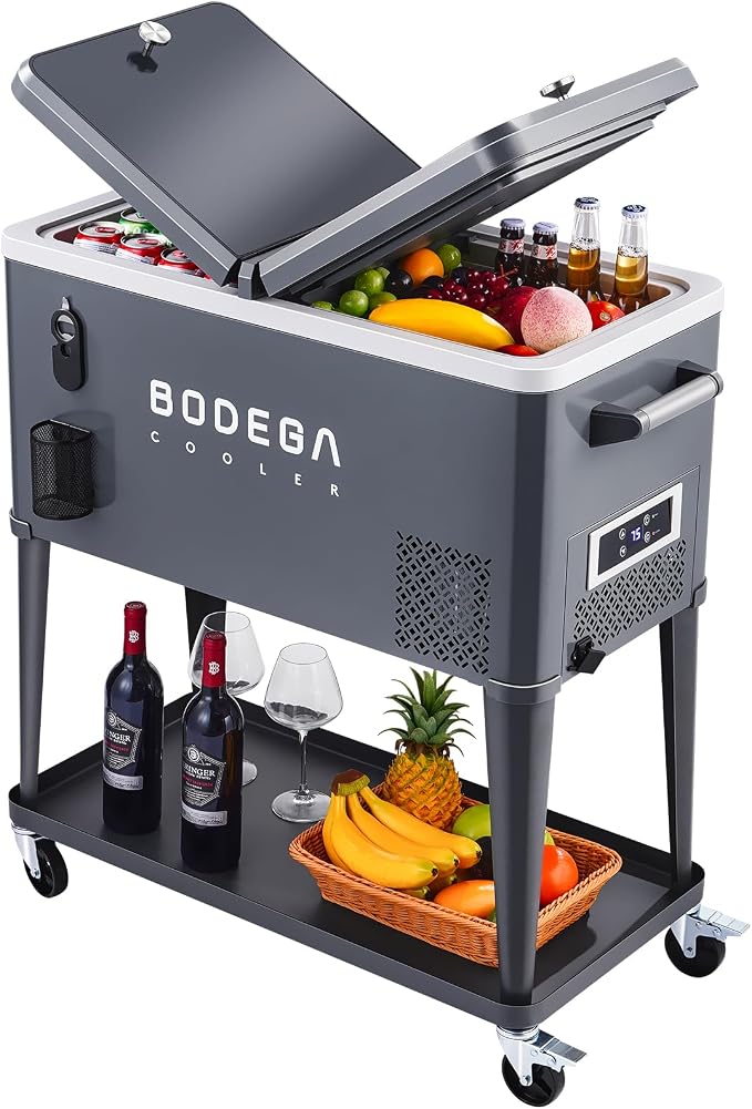 BODEGACOOLER 50QT Electric Cooler with Wheels, Compressor Rolling Cooler | Ice-Free, AC & 12V DC Power, 45dB Quiet, IPX5, Pull-out Handle, Dual-side Lid w/ Opener, Locking Casters, Steel Body