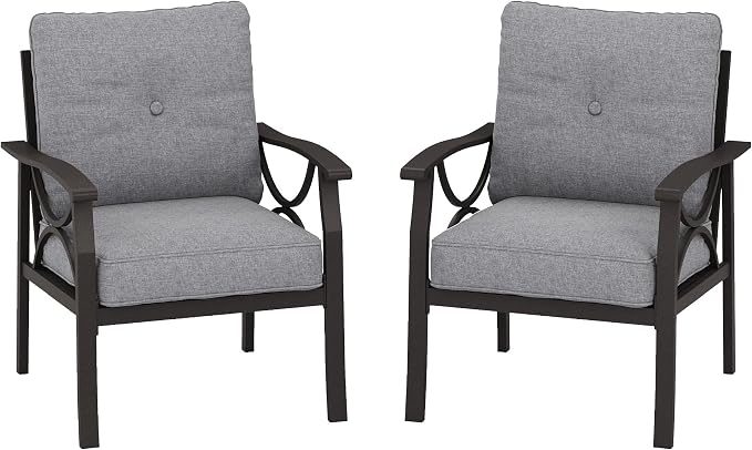 RoyalCraft 2 Pieces Outdoor Single Sofa,All-Weather Patio Metal Armchair,Khaki Metal Furniture with Gray Cushions