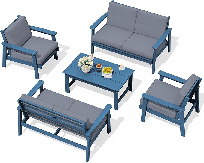 SERWALL HDPE Patio Furniture Set, 5 Piece All Weather Wood-Like Sectional Outdoor Furniture Set, Blue Patio Sofa Couch with Grey Cushions for Deck, Lawn