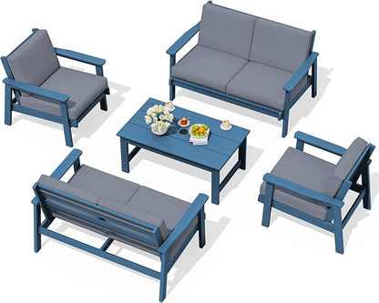 SERWALL HDPE Patio Furniture Set, 5 Piece All Weather Wood-Like Sectional Outdoor Furniture Set, Blue Patio Sofa Couch with Grey Cushions for Deck, Lawn