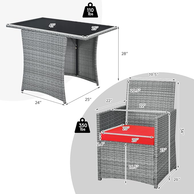 RELAX4LIFE 3-Piece Outdoor Furniture Set - All-Weather Wicker Rattan Patio Dining Set w/Tempered Glass Coffee Table & Cushions, Modern Bistro Conversation Set for Yard Balcony (Red)