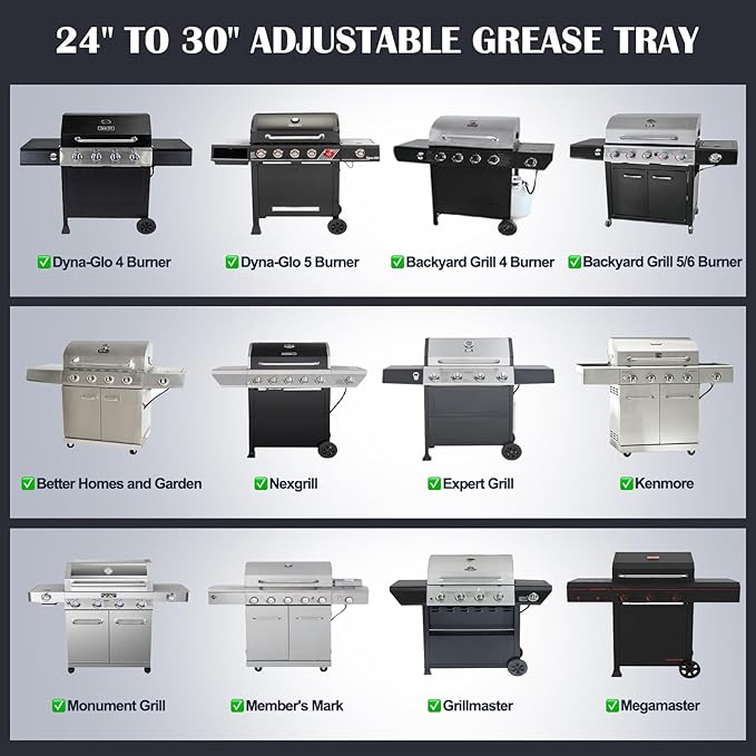 Hiorucet Grease Tray with Catch Pan for Dyna Glo, Nexgrill, Backyard Grill, Kenmore, BHG, Grillmaster, Expert, BBQ-Pro 4/5 Burner Grill Replacement Parts, Adjustable 24''-30'' Gas Grill Drip Pan.
