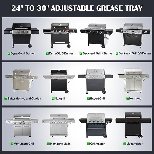 Hiorucet Grease Tray with Catch Pan for Dyna Glo, Nexgrill, Backyard Grill, Kenmore, BHG, Grillmaster, Expert, BBQ-Pro 4/5 Burner Grill Replacement Parts, Adjustable 24''-30'' Gas Grill Drip Pan.