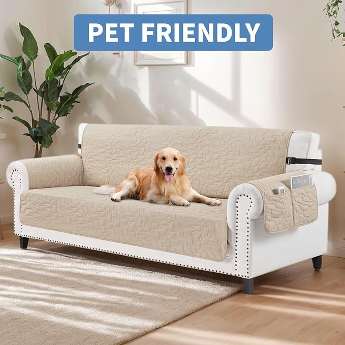CUCRAF Non Slip Quilted Sofa Cover, Water Resistant Slipcover Furniture Protector for 3 Cushion Sofa Pet Friendly, Washable Couch Cover with Adjustable Elastic Straps (Large, Beige)
