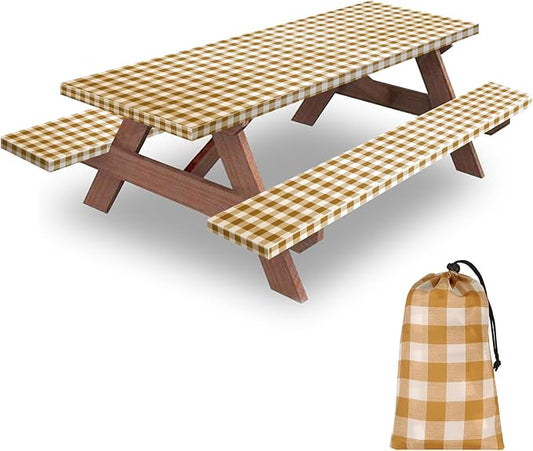 8ft 96" Picnic Table and Bench Cover, 3 Pack, Coffee Checkered | Drawstring Bag, Waterproof Windproof, Elastic Fitted Edges Tablecloth, for Rectangle Table & Seat, Camping Essentials RV Gear