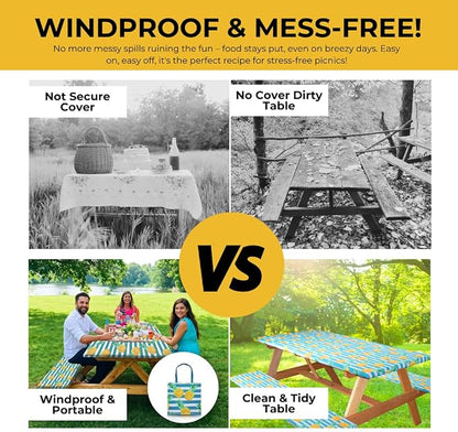 6ft Polyester Picnic Table Cover with Bench Covers Tablecloth Pineapple | Polyester Picnic Table Cover Windproof & Waterproof, Perfect for Camping Gifts & RV Essentials, Cool Camping Gadgets with bag