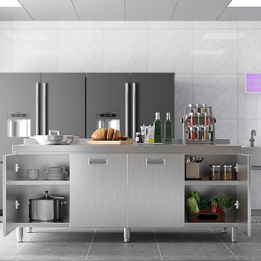 ZZV Stainless Steel Table Cabinet for Prep & Work 21 x 66 Inch, Heavy Duty Prep Table with 4 Pull-Out Doors, Commercial Workbench with Cabinet for Kitchen, Restaurant, Hotel, Garage, and Warehouse