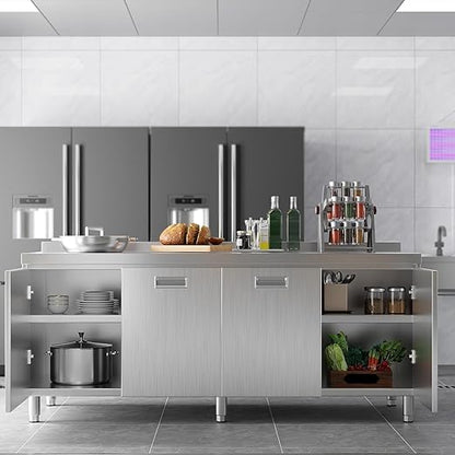 ZZV Stainless Steel Table Cabinet for Prep & Work 21 x 66 Inch, Heavy Duty Prep Table with 4 Pull-Out Doors, Commercial Workbench with Cabinet for Kitchen, Restaurant, Hotel, Garage, and Warehouse