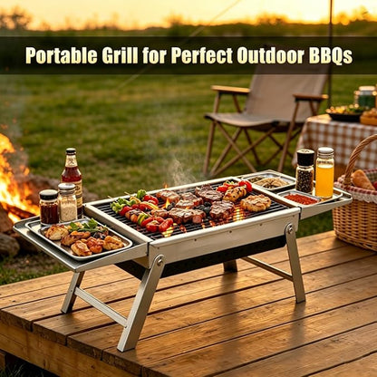 Portable Folding Charcoal Grill Tool-Free Assembly Stainless Steel BBQ Grill with Slide-Out Ash Pan & Side Trays, Compact Outdoor Barbecue for Camping, Picnic, Tailgating