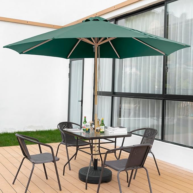 9FT/10FT Wood Patio Umbrella, Large Outdoor Table Pool Umbrella | 205G Olefin/180G Polyester Fabric, Push-Pull Operation Market Umbrella, 8 Rib Vented Canopy, Ideal for Patio, Backyard