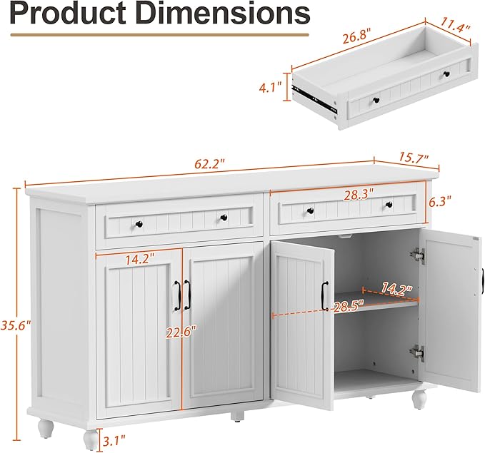 Scurrty Sideboard Buffet Cabinet, 62'' Large Storage Cabinet with Drawers and 4 Doors, Vintage Coffee Bar Cabinets with Adjustable Shelf for Kitchen, Living Room, White