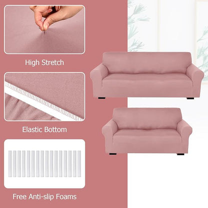 Peryiter 2 Pcs Couch and Loveseat Sofa Covers,Light Pink,Milk Silk | Armchair Covers for Living Room, Sofa Cushion Slipcover 2/3 Seater, Furniture Protector, Polyester and Spandex, Washable