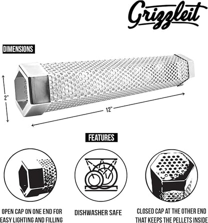 Smoke Tube for Pellet Smoker, 12" Stainless Steel BBQ Smoking Tube - 5 Hr Hot/Cold Smoke for Any Grill or Smoker - Includes Pro Hooks & Brush