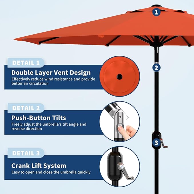 Garvee 9 ft Outdoor Patio Umbrella 8 Sturdy Ribs Outdoor Table Umbrella with Crank Lift & Push Button Tilt - UV Protection Waterproof Market Umbrellas for Pool, Deck, Yard, Garden, Orange