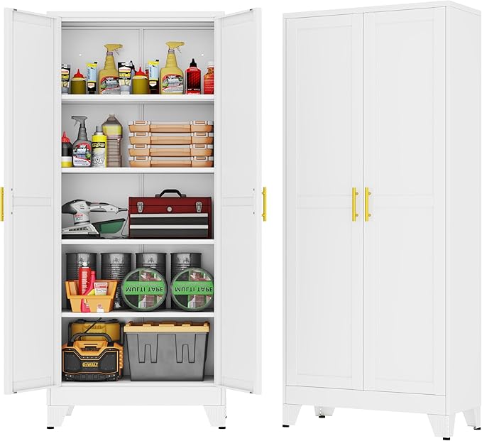 GAIOUS 71''Tall Metal Garage Storage Cabinet,File Cabinet with Door and Adjustable Shelves, Outdoor Steel Tool Cabinet for Home,Office,Warehouse,Garage,White