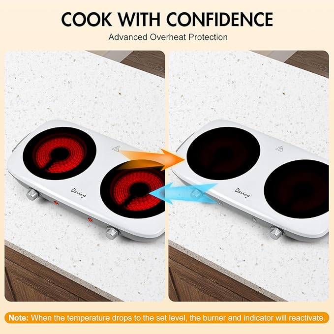 Davivy Double Burner Electric Hot Plate, 1800W (2x900W) Portable Electric Stove, 2-Burner Cooktop with Crystallite Ceramic Glass, Dual Heating Zones, Flexible Temp Control, for Kitchen, RV, Dorm