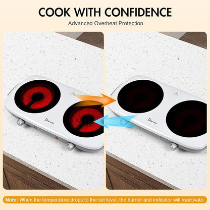 Davivy Double Burner Electric Hot Plate, 1800W (2x900W) Portable Electric Stove, 2-Burner Cooktop with Crystallite Ceramic Glass, Dual Heating Zones, Flexible Temp Control, for Kitchen, RV, Dorm