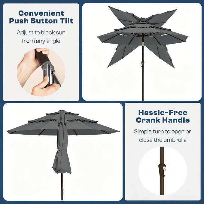 10ft 3 Tier Patio Umbrella, Outdoor Market Table Umbrella with UPF 50+ Vented Canopy, 8 Sturdy Ribs, Easy Push Button Tilt and Crank, Windproof for Deck, Pool, Backyard and Garden