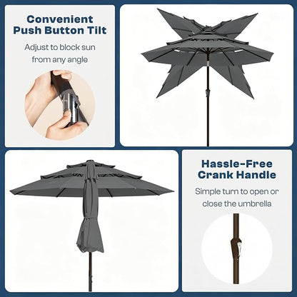 10ft 3 Tier Patio Umbrella, Outdoor Market Table Umbrella with UPF 50+ Vented Canopy, 8 Sturdy Ribs, Easy Push Button Tilt and Crank, Windproof for Deck, Pool, Backyard and Garden