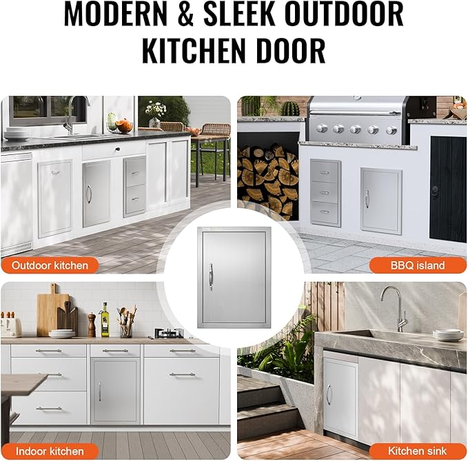 VEVOR Outdoor BBQ Access Door, 16W x 22H Inch, Stainless Steel Flush Mount, Vertical Door with Handle for Grilling Station