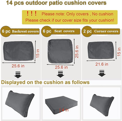 14 Piece Outdoor Patio Cushion Cover Replacement, Waterproof Patio Cushion Covers, Outdoor Furniture Cushion Covers Set for 6 Seat Wicker Rattan Sofa (Deep Grey)