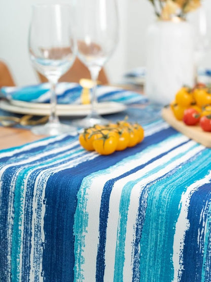 YiHomer Indoor Outdoor Tabletop for Spring Summer Decorations, Picnics and Dinner Parties - Stain and Water Resistant, Crayon Art (Ocean), Zipper Table Runner, 14 x 108 with Umbrella Hole