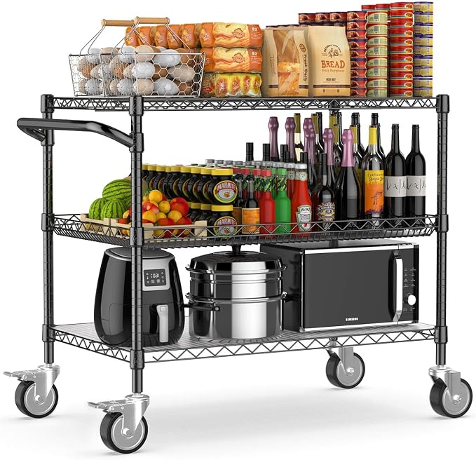 Leteuke Heavy Duty Rolling Utility Cart, 45 Inch Kitchen Carts with Wheels, NSF Commercial Grade with Handle & Shelf Liners, 1120LBS Storage Cart for Kitchen,Restaurant,Plant Display-Black | 3 Tier Heavy Duty Serving Cart with Handle & Shelf Liners, NS...