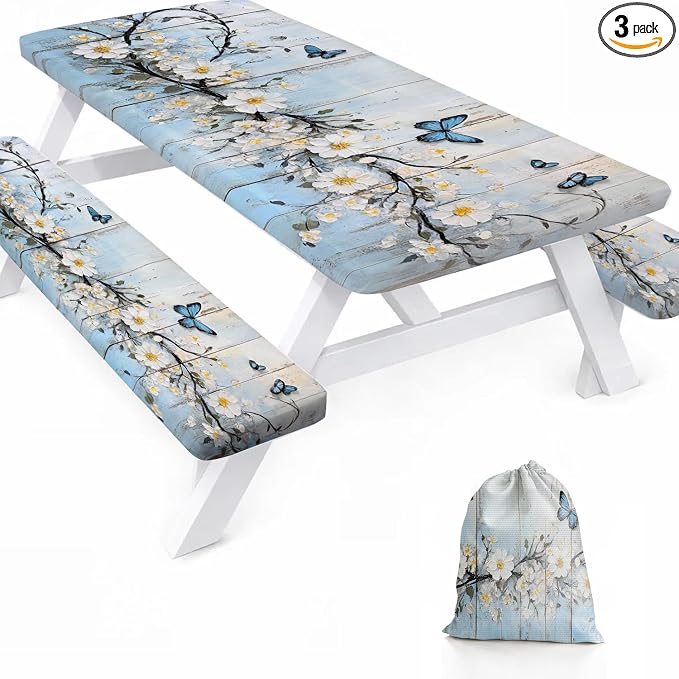 Picnic Table Cover with Bench Covers, 72 X 30 Inch Elastic Fitted Camping Tablecloth with Strap Design for 6FT Rectangle Tables, Windproof Outdoor Tablecloth Set with Storage Bag