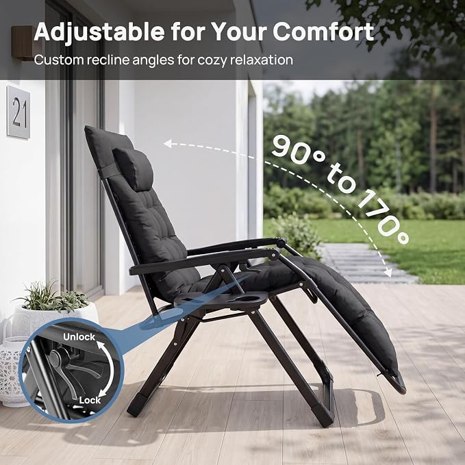 DUMOS Zero Gravity Chair, Lounge Chair Outdoor with Cup Holder Tray | Folding Reclining Chairs for Indoor, Outside, Beach, Camping and Patio, Black