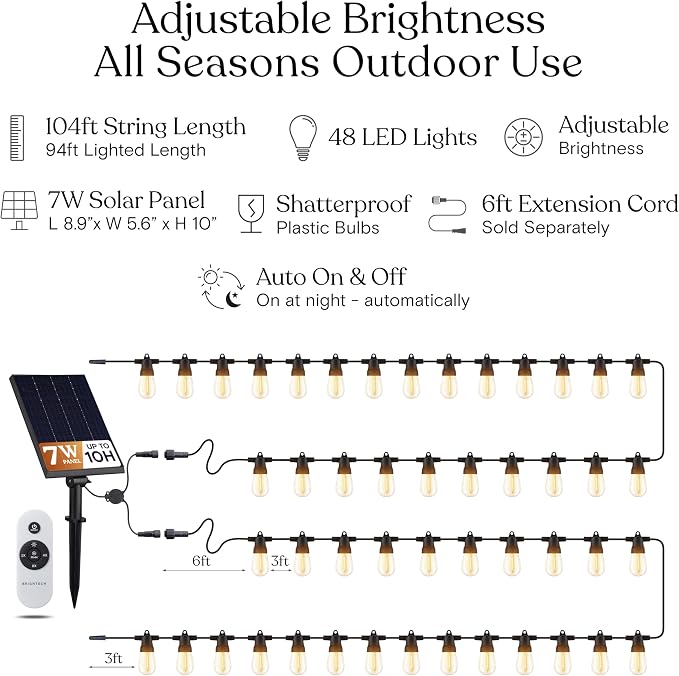 Brightech Solar String Lights with 48 Hanging Edison Bulbs and Brightness Controls with Remote 7W-104 3000K