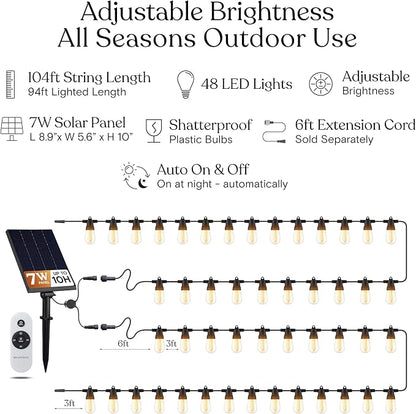 Brightech Solar String Lights with 48 Hanging Edison Bulbs and Brightness Controls with Remote 7W-104 3000K