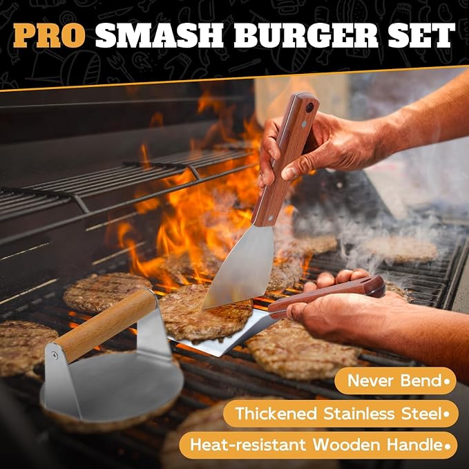 PURPLEBIRD Smash Burger Press Kit 3PCS Set, Stainless Griddle Spatulas Set | Professional Burger Smasher for Griddle, Heavy Duty Grill Press for Smash Burgers BBQ Grilling, Christmas Gifts for Men