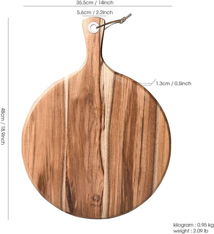 BILL.F Pizza Peel,14" L x 14" W Acacia Wood Cutting Board, with 5" Handle, 19" Overall Length