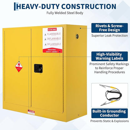 Hazardous Storage Flammable Cabinets, Fire Resistant Safety Cabinet for Flammable Liquids | Cold-Rolled Steel Construction w/Spill Containment Tray, Ventilation Holes & Grounding | Adjustable Shelf