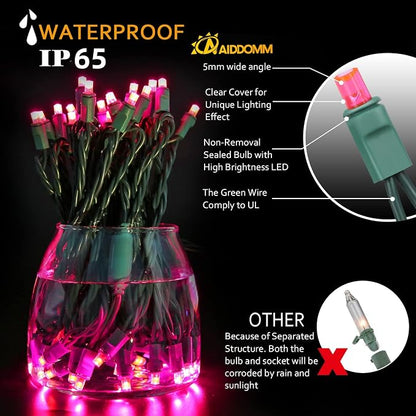 100 Counts Pink LED Christmas Lights – 50ft 5mm Pink Valentine's Day Lights Outdoor Commercial Grade Waterproof, Indoor Christmas Tree Decorations, Green Wire Valentine’s Day String Lights, UL, IP:65