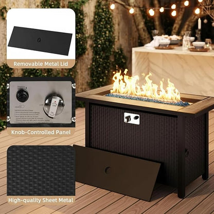 45 Inch Propane Fire Pit Table, 50,000 BTU Outdoor Gas Fire Pit for Patio & Backyard, 2-in-1 Firepit Dining Table with Glass Wind Guard, Blue Glass Rocks & Waterproof Cover