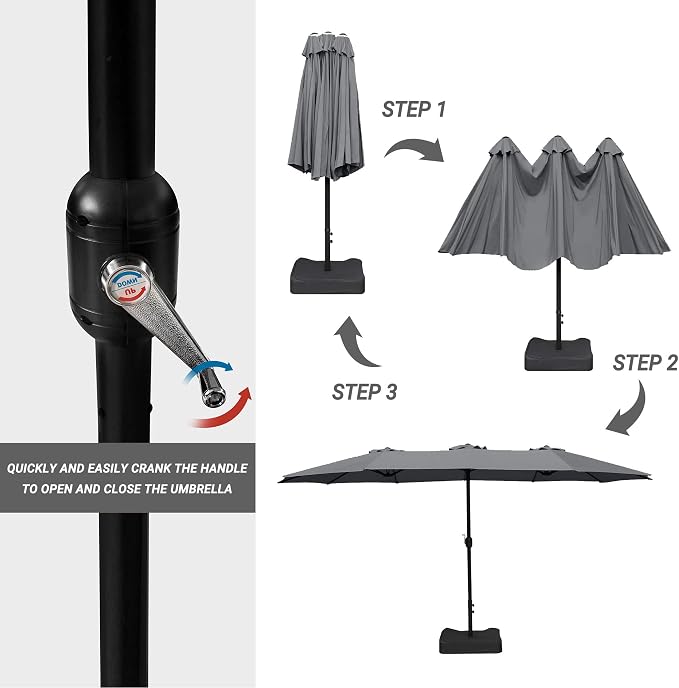 15ft Patio Umbrella with Base, 10-Year-No-Fade Large Outdoor Double-Sided Market Umbrella with UPF50+Terylene Polyester Fabric and Crank for Poolside Garden Deck Backyard Beach Pools