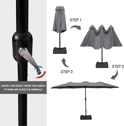 15ft Patio Umbrella with Base, 10-Year-No-Fade Large Outdoor Double-Sided Market Umbrella with UPF50+Terylene Polyester Fabric and Crank for Poolside Garden Deck Backyard Beach Pools