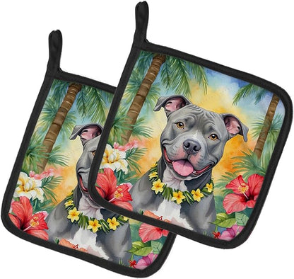 Caroline's Treasures Pit Bull Terrier Luau Pair of Pot Holders Kitchen Heat Resistant Pot Holders Sets Oven Hot Pads for Cooking Baking BBQ, 7 1/2 x 7 1/2