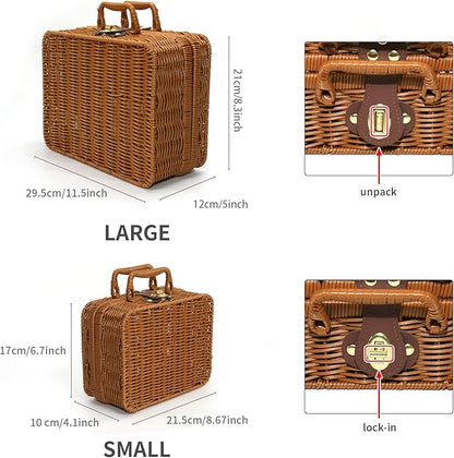Mini Wicker Picnic Basket, Decorative Prop Suitcase Vintage Storage Hamper Makeup Organizer, 8.67" Metal Lock Plastic Rattan Storage Box with Handles for Sundries Travel Camping and Outdoor Party
