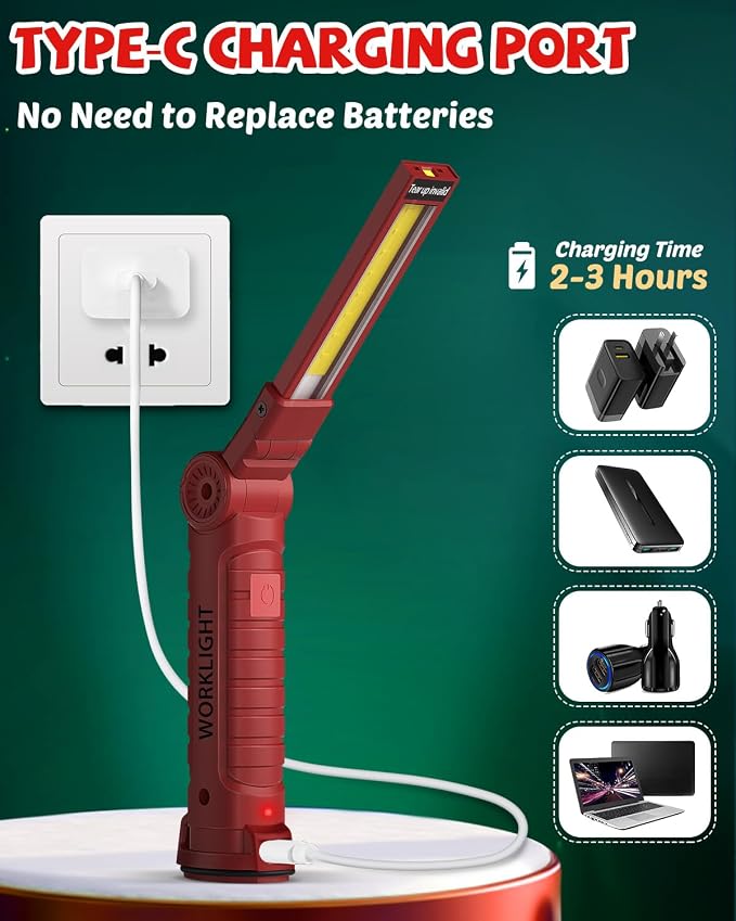 Coquimbo Tools Gifts for Men Dad Husband, Rechargeable LED Work Light Grill Accessories Magnetic Flashlight with Hanging Hook 5 Modes 360° Rotate Birthday Gifts for Him Grandpa (2 Pack Red)