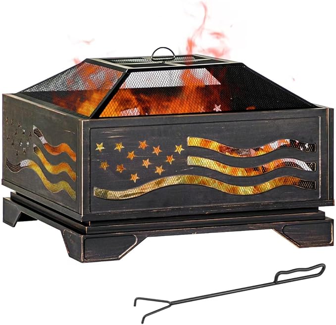 Verdeluxe 32Inch Square-Shaped Fire Pit,Outdoor Fire Pits with Spark Screen&Poker,Metal Square Wood Burning Firepits for Outside,Backyard,Bonfire,Patio,Party,Garden,Picnic and Camping(Antique Bronze)