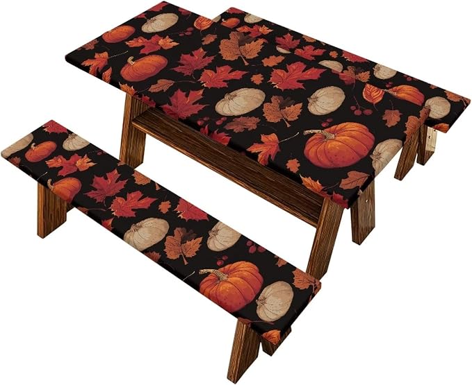 Thanksgiving Elastic Fitted Table Cloth for Outdoor Camping Red Maple Leaf Pumpkin Camping Table Cloth for Picnic Table 3 PCS Set