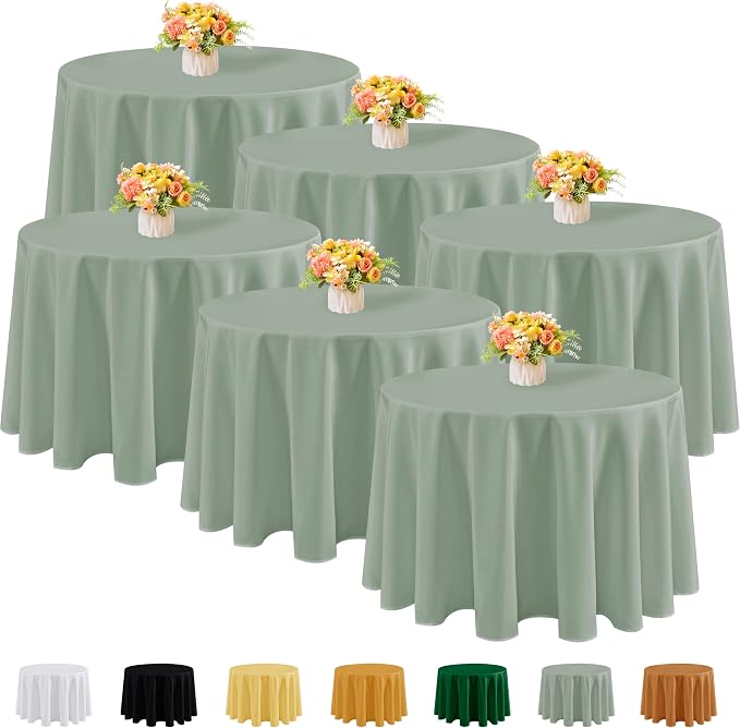 Fitable 6 Pack Sage Green Round Tablecloths - 108 Inches in Diameter | Wrinkle & Stain Resistant, Washable Polyester Fabric, For Wedding Party Banquet Formal Events Fall Thanksgiving Harvest