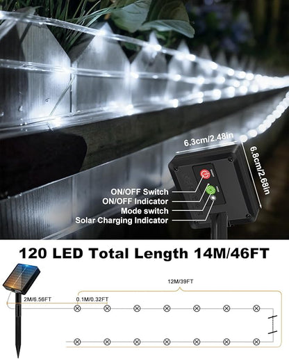 btfarm 4 Pack Solar Rope Lights, 120LED 46FT Solar String Lights Outdoor Waterproof, 8 Lighting Modes Solar Powered Strip Tube for Outside Garden Tree Christmas Yard Patio Wedding Decor, Cool White