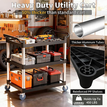Utility Cart with Tangle-Free Wheels, Large Size 3 Tier Restaurant Cart | 2 with Brakes, Heavy Duty 450 Lbs Capacity,Commercial Serving Cart for Home, Office, Restaurant, Warehouse.