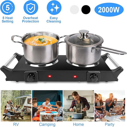 2000W Hot Plate,Portable Electric Stove Countertop Double Burners W/5 Level Temperature Control & Stay Cool Handles, Easy to Clean, Lightweight Cast Iron Electric Stove for RV/Home/Camp 110V