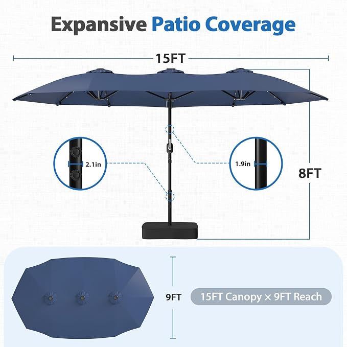 HOPERAN 15FT Patio Umbrella with Base Included, Large Outdoor Double-Sided Rectangle Table Umbrella with Easy Crank Lift, Market Umbrella for Backyard, Pool&Garden